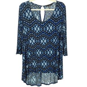 Rose & Olive Blue Graphic Asymmetrical 3/4 Sleeve Tunic Size 3X